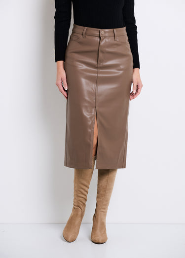 Jupe longue fendue en faux cuir Taupe