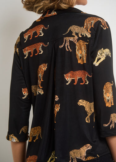 Blouse courte imprimé animalier col V Noir Imprime