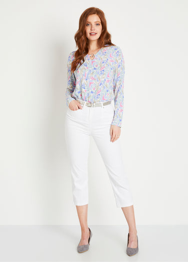T-shirt court manches longues col V graphique Parme/Aqua