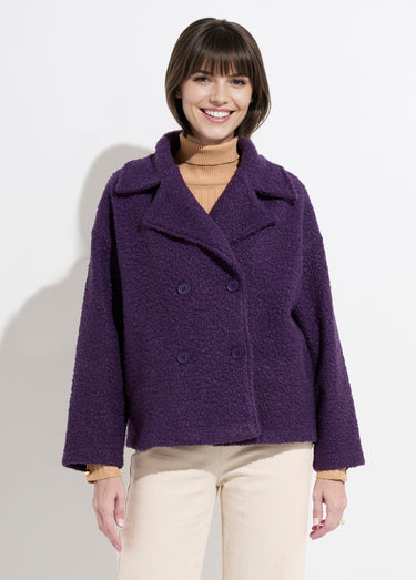 Caban court uni façon laine bouclée Violet Fonce