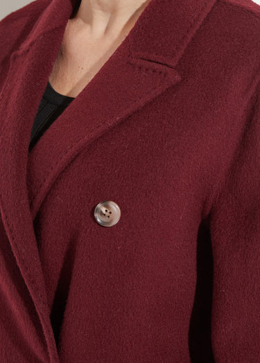 Manteau long drap de laine col tailleur Prune