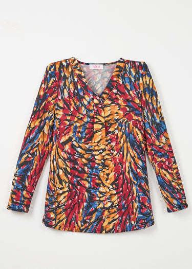 T-shirt long ample col V manches longues Bordeaux/Miel