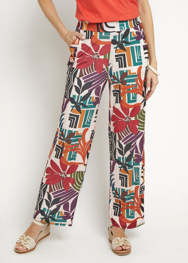 Pantalon fluide stretch, fleuri graphique Beige / imprimé