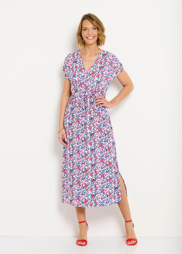 Robe longue fleurie cache-coeur manches courtes Bleu/Rose