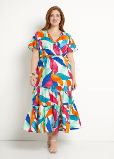 Robe longue cache-coeur volantée manches courtes Orange/Bleu