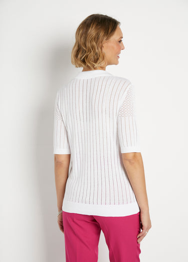 Pull fin col polo ajouré manches courtes Blanc