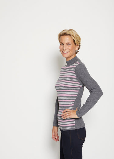 Pull col montant avec laine mérinos Rayé Gris/Rose