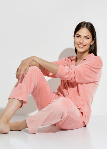 Pyjama long boutonné velours stretch Rose
