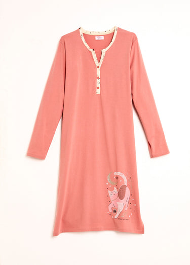 Chemise de nuit liquette mi-longue boutonnée coton Terracotta