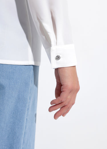 Chemisier fluide uni plissé boutons strass Ecru