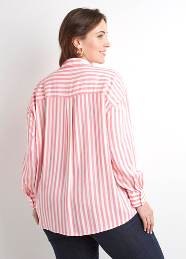 Chemisier fluide rayé long manches longues Rose / Blanc
