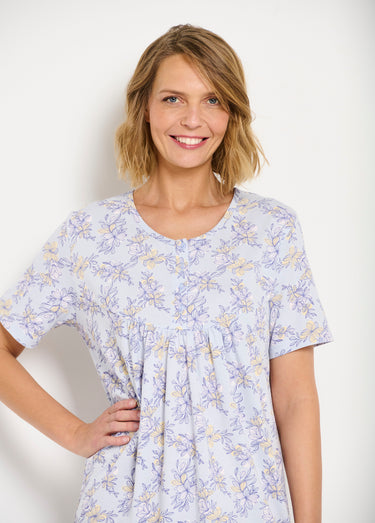 Chemise de nuit longue coton manches courtes Bleu