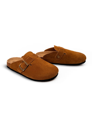Mules sabots, dessus en cuir nubuck Camel
