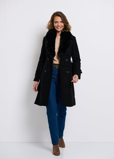 Manteau col fausse fourrure toucher laineux Noir