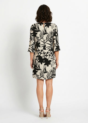 Robe droite courte fleurie fluide Noir/Beige