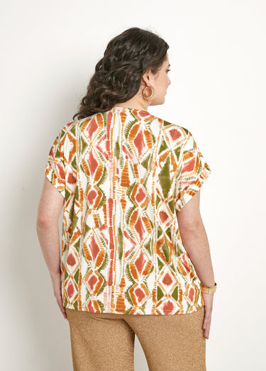 T-shirt col V ample manches courtes Vert/Terracotta