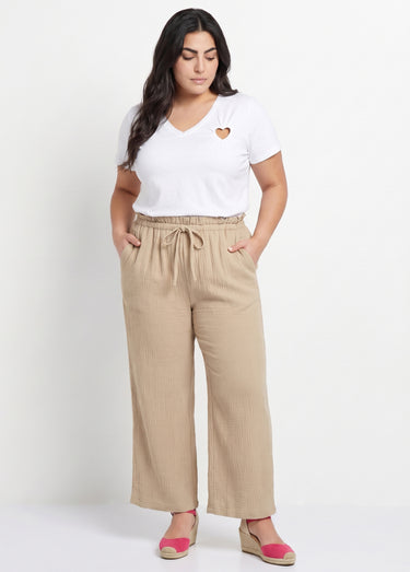 Pantalon large tendance, gaze de coton Beige