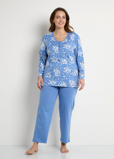 Pyjama col V boutonné coton manches longues Bleu