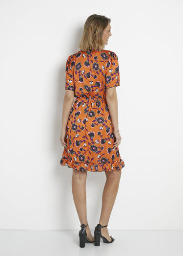 Robe satinée fleurie manches papillon Orange Imprime