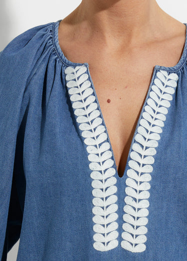 Blouse denim avec broderies fleurs Bleu Jean