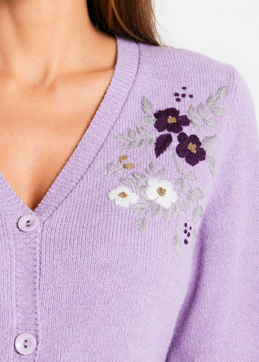 Gilet doux uni col V boutonné court brodé Lilas