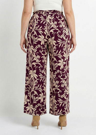 Pantalon taille élastiquée, motif fleuri Bordeaux/Beige