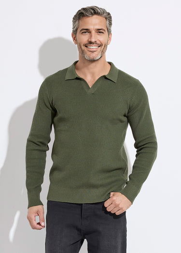 Pull ajusté col polo, manches longues Kaki