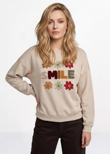 Sweat manches longues message brodé Smile Beige