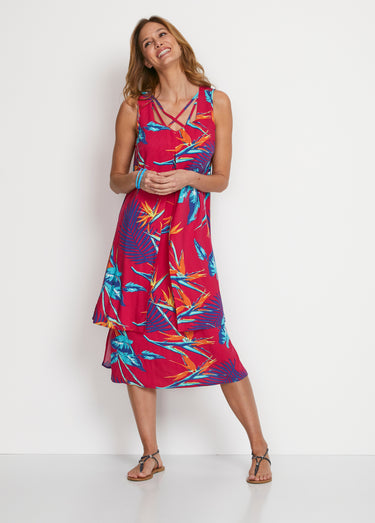 Robe mi-longue sans manches motif végétal Fond Framboise