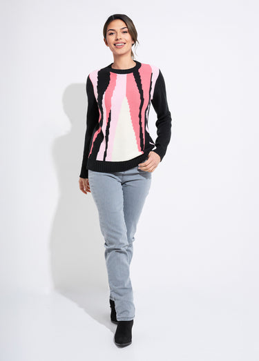 Pull chaud col rond jacquard graphique Noir/Rose