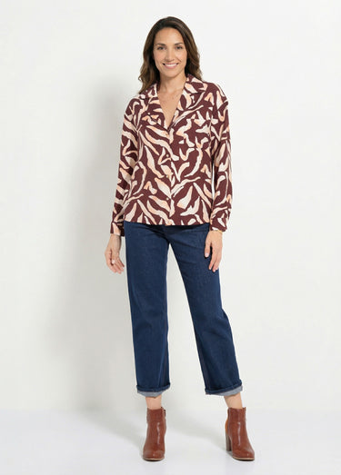 Chemisier imprimé graphique col tailleur Marron/Ecru