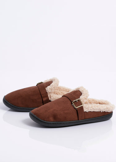 Mules suédine fourrées, antidérapantes Marron