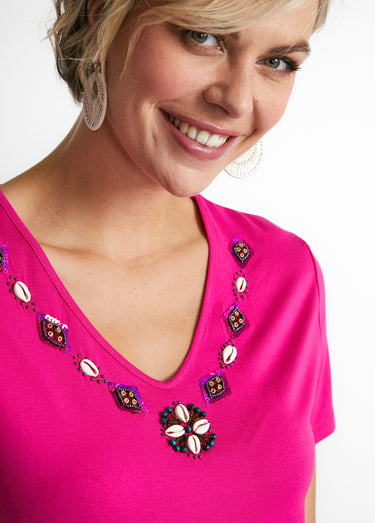 Tee-shirt long col V bijou Fuchsia