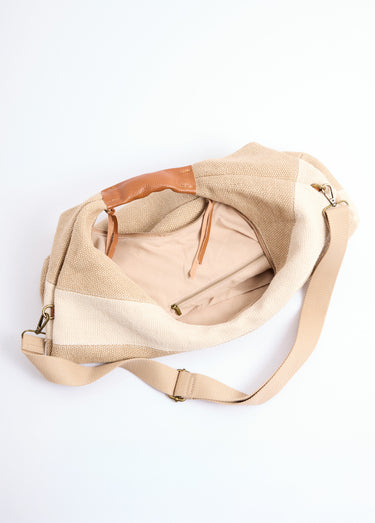 Grand sac cabas rayé jute + détails cuir Beige
