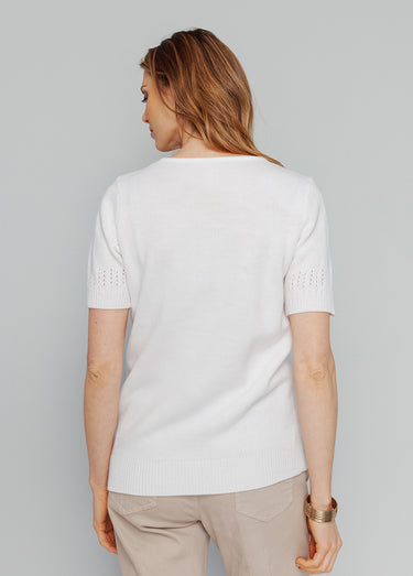 Pull manches courtes, détails ajourés Blanc