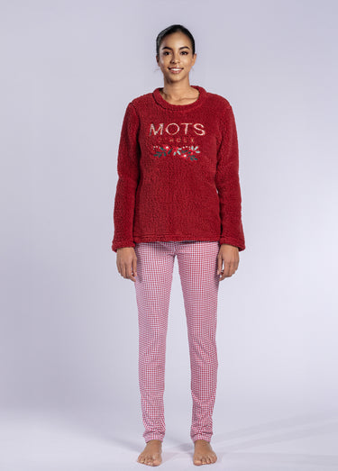 Pyjama chaud manches longues sherpa Bordeaux/Carreaux