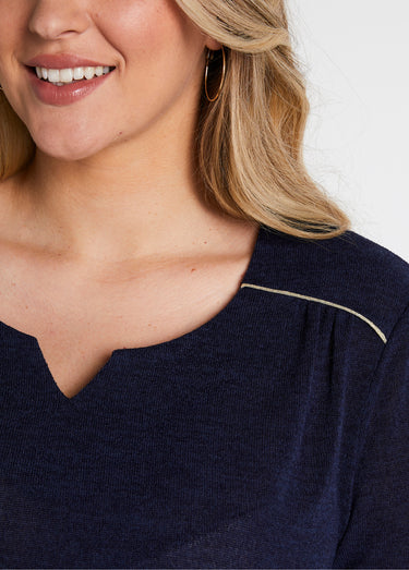 T-shirt long évasé manches 3/4 col rond Uni Marine