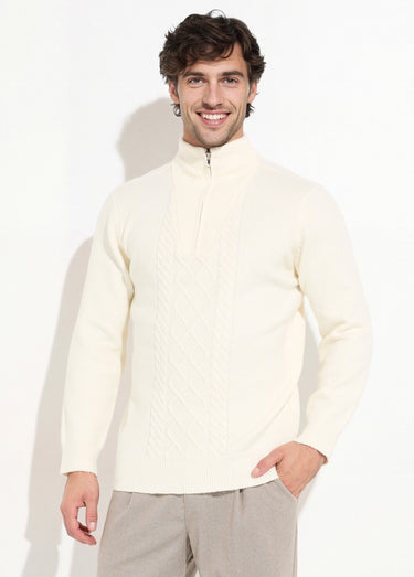 Pull col zippé camionneur chaud avec laine Ecru