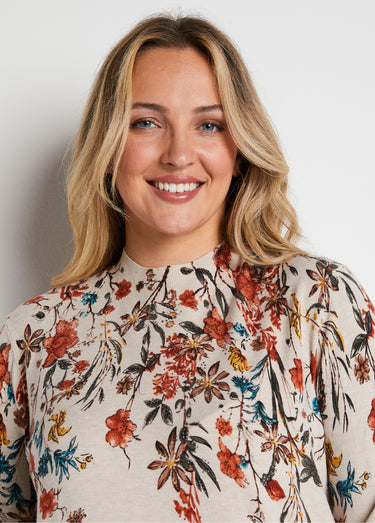 Pull imprimé avec strass col montant Fond Beige