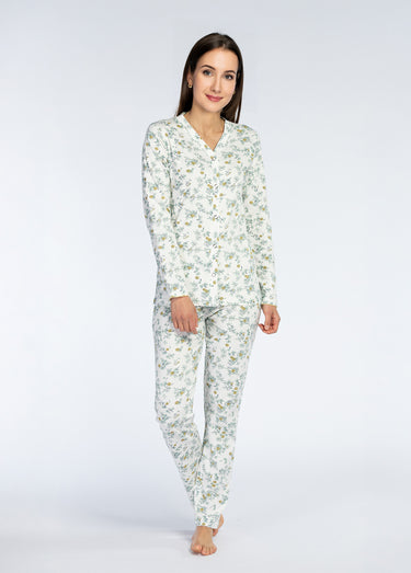 Pyjama long boutonné motif fleuri Menthe