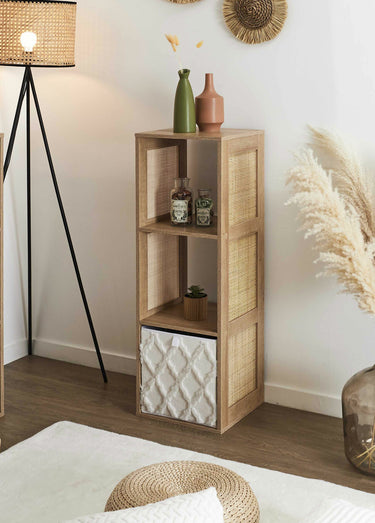 Meuble rangement 3 cases bois et cannage Marron