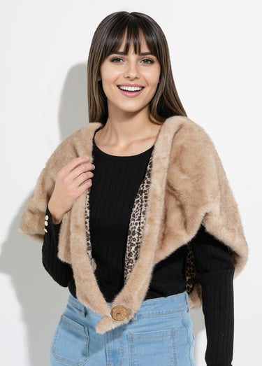 Tour de cou fourrure léopard à boutonner Beige Leopard