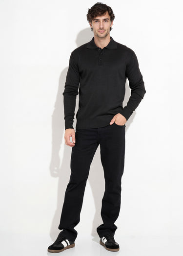 Pull maille fine avec laine et col polo Noir