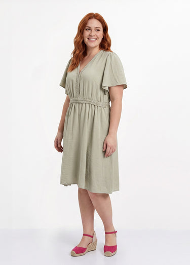 Robe courte col V, avec ganse tressée Kaki