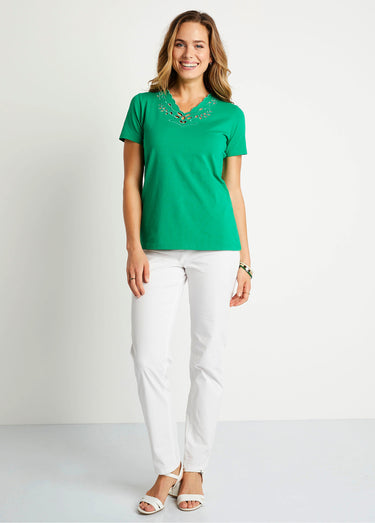 T-shirt col V ajouré brodé Vert