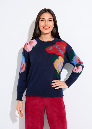 Pull col rond avec mohair jacquard fleuri Marine/Tomette