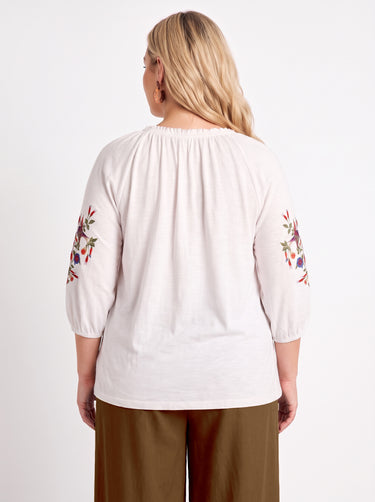 T-shirt long brodé manches 3/4 Blanc