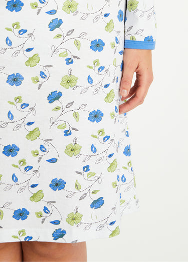 Chemise de nuit boutonnée coton imprimé mi longue Bleu
