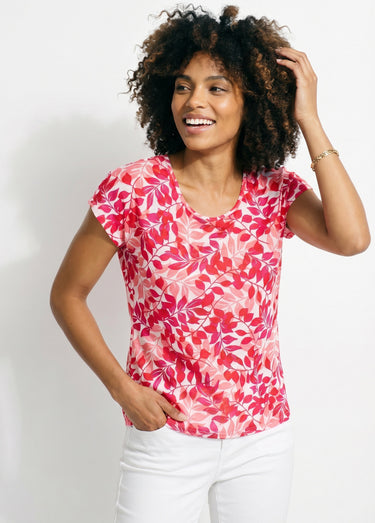 T-shirt manches courtes imprimé feuillage col rond Rouge/Rose