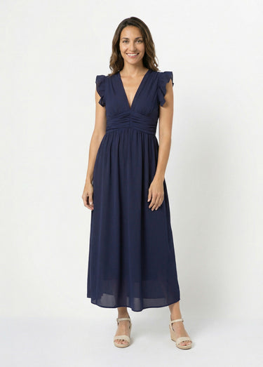 Robe longue sans manches taille plissée Marine